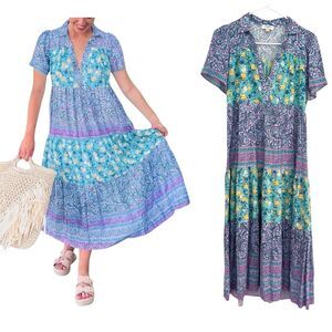 UMGEE Women's SMALL Mint Blue Floral Tiered Dress V-neck Collar Flowy Midi Boho